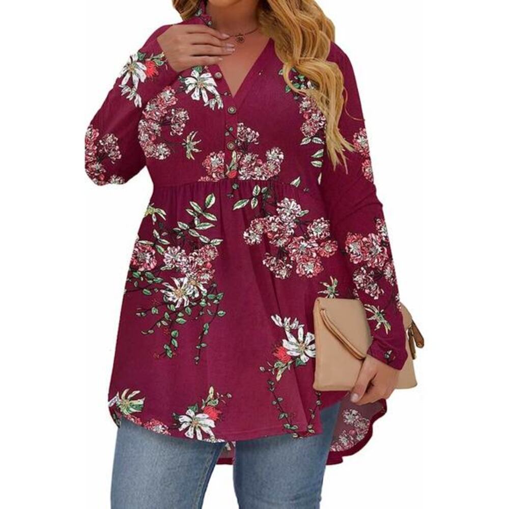 Floral Tunic Baby Doll Henley Top Empire Waist Sz 14 W Plus Burgundy Red Flare - Picture 6 of 12